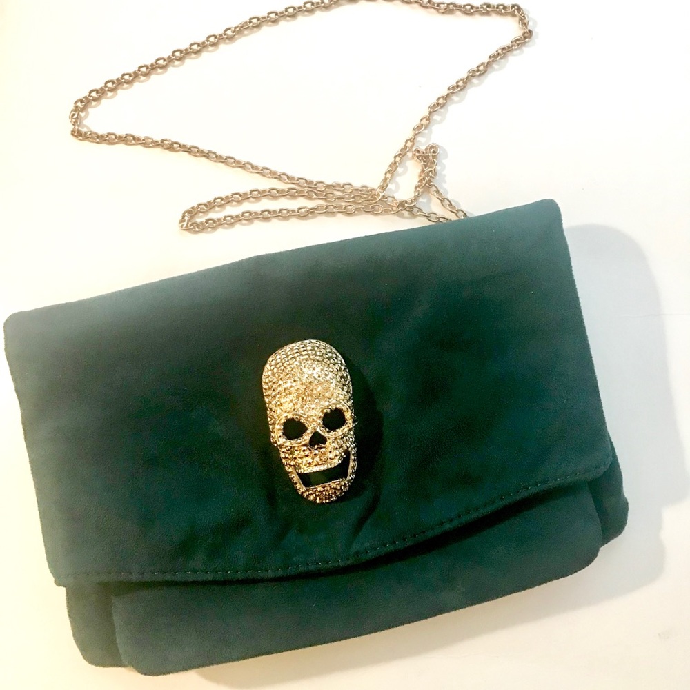 Dark Green Velour Skull Clutch/Crossbody